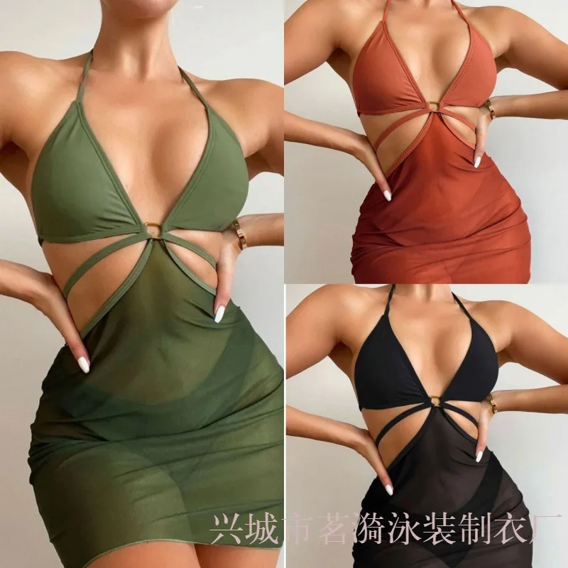 

Bathing Suit Women Sexy European And American Solid Color Multi-color Fashion Bikini Bikini Mesh Dress Three-piece Women's Swims