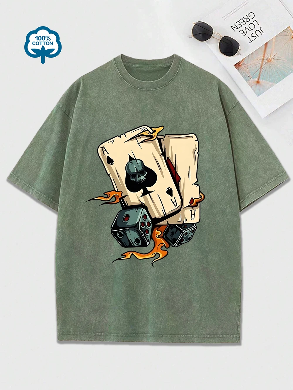 

Skeleton Dice Card Printing Washed T-Shirt Women Cotton Oversized Tops Distressed O-Neck Comfortable T Shirts Summer Clothes