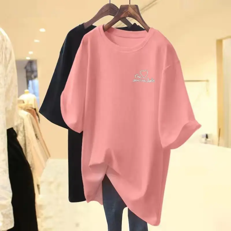 Women's cotton loose T-shirt 2024 summer new chest small heart short sleeved casual versatile tops lady O-neck basic letter tees