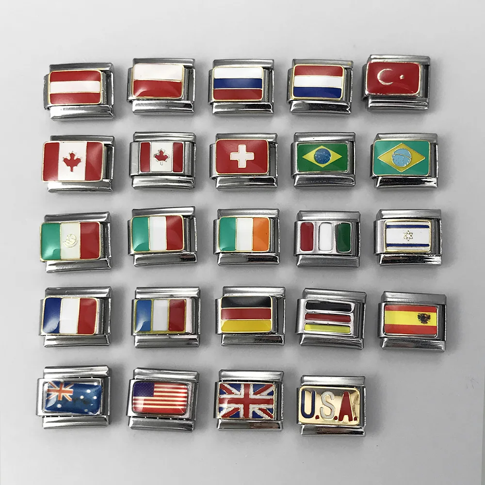 Trendy Enamel Stianless Steel World National Flag Italian Links Charm Fit 9mm Bracelet Hand Chain DIY Making Jewellry