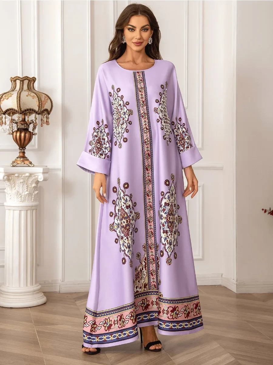 Eid Beading Muslim Party Dress Women Ramadan Abaya Long Dresses Print Morocco Kaftan Vestidos Largos Dubai Robe Jalabiya 2024