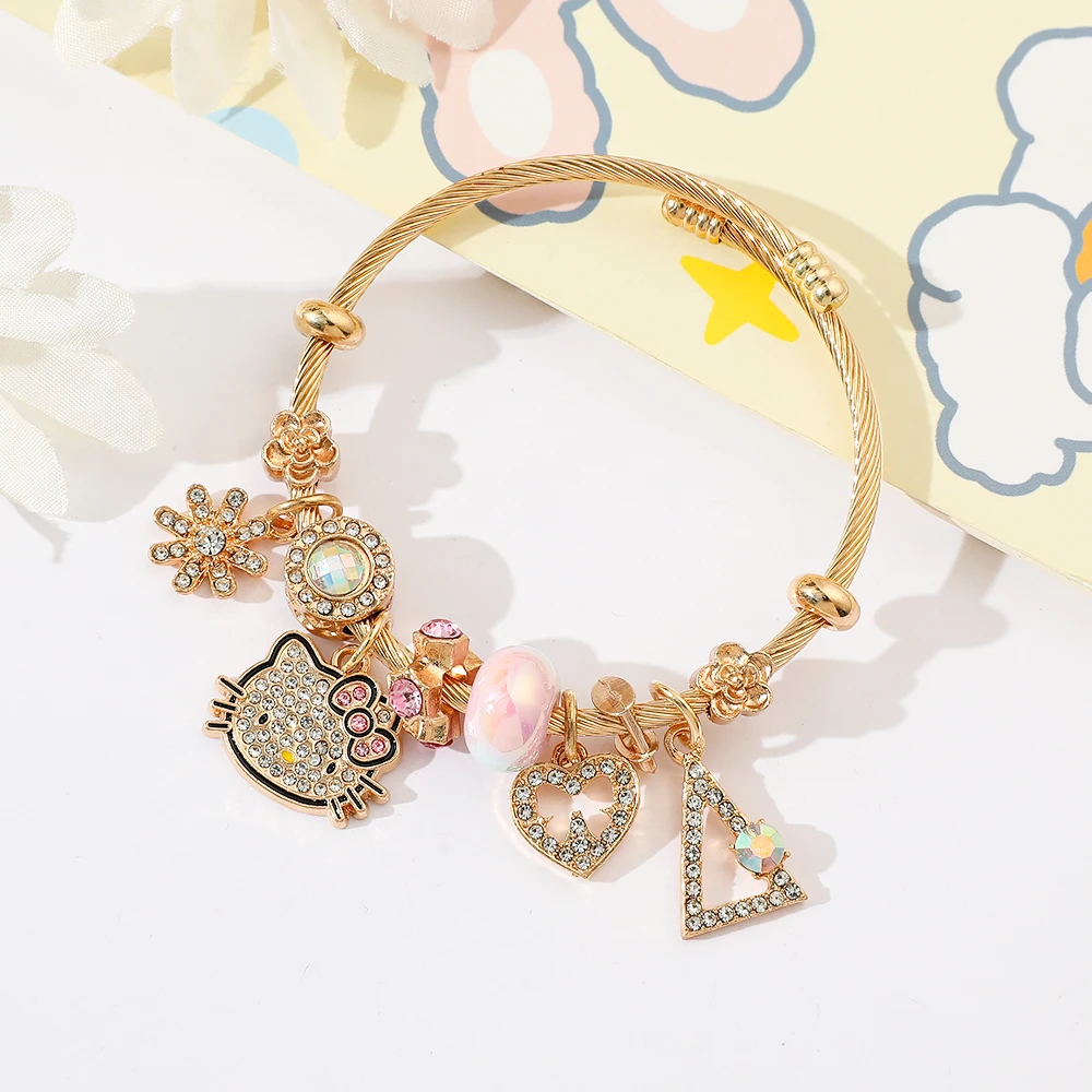 Sanrio Anime Cartoon HelloKitty Bracelet Fashion DIY Pendant Inlaid Moissanite Accessories Popular KT Cat Heart Pendant Bracelet