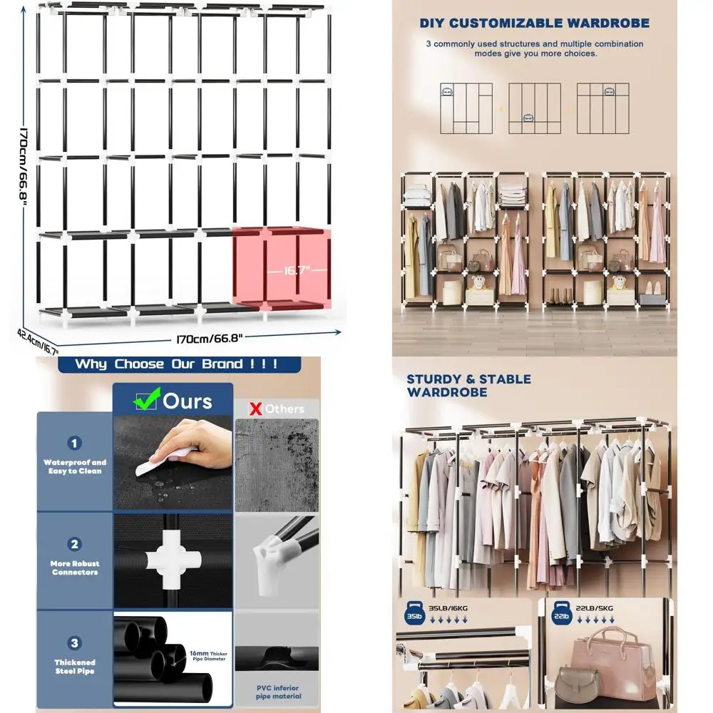 

Портативный органайзер для гардероба на 4 вешалки, большой объем хранения для спален и гостиных, черный, 67 Ш x 17 Г x 67 В