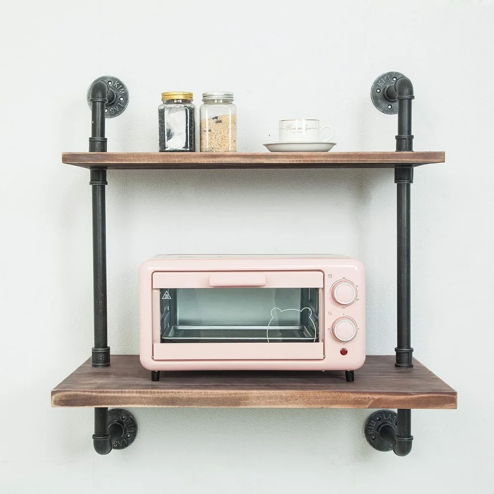 

Rustic Industrial Style Wall-Mounted Iron Pipe Shelving for Microwave Ovens and Storage Organization