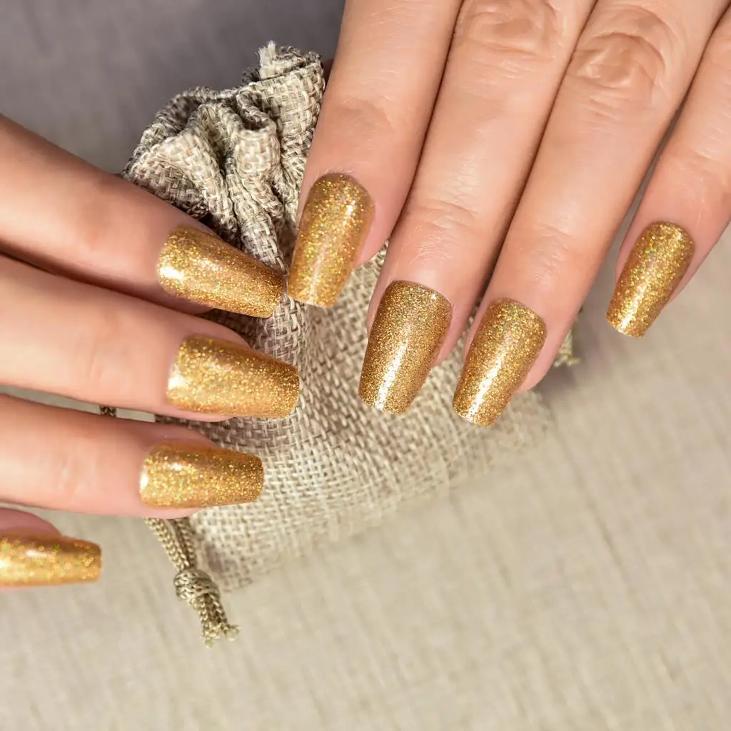 24szt Golden Glitter Press On False Nails Średniej długości trumny wielokrotnego użytku Akrylowe tipsy do paznokci Fałszywe paznokcie Faux Ongles