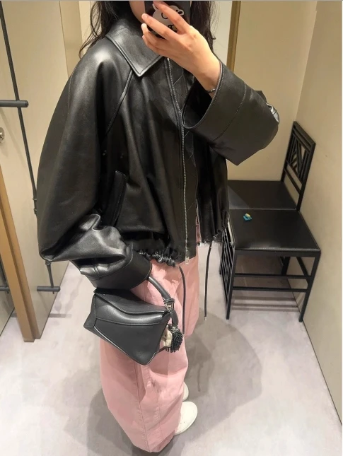 2025 Women's Fall PU Leather Jacket with Adjustable Waist