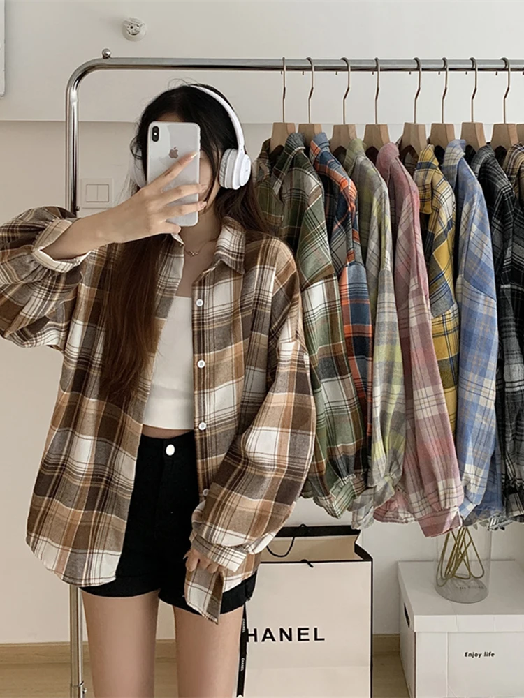 Camisa De Verano Para Niñas Estilo Americano Ligera Y Holgada Con Mangas Largas Y Patrón De Cuadros Adecuada Para Edades 18-24