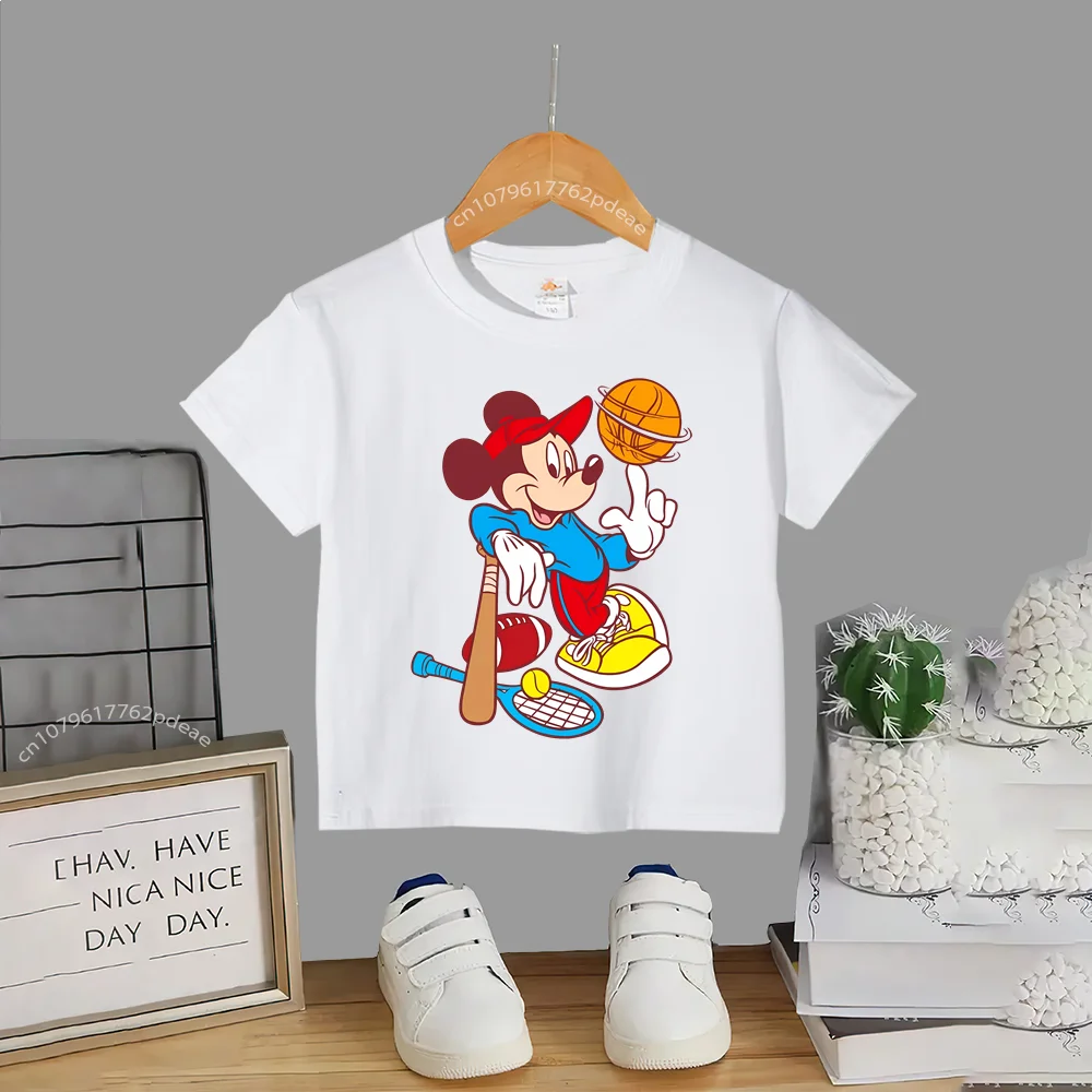 Disney Teen 100% Cotton T-shirt Boys Girls Cartoon Mickey Outdoors Printed Comfortable T-shirt Baby Baby Short sleeve Top