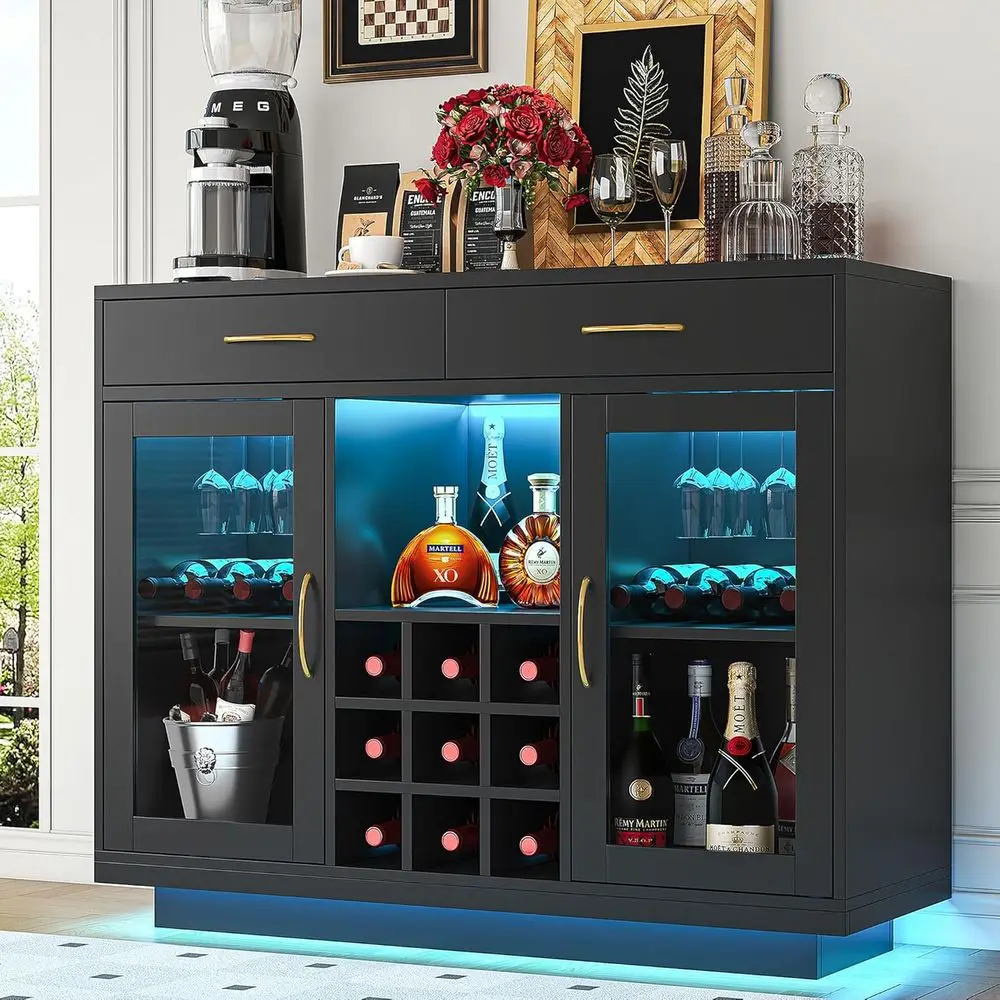 

Wine Bar Cabinet with LED Lights, Coffee Bar Cabinet with Wine and Glass Rack, Black Bar Cabinet Liquor Cabinet, Kitchen Buffet