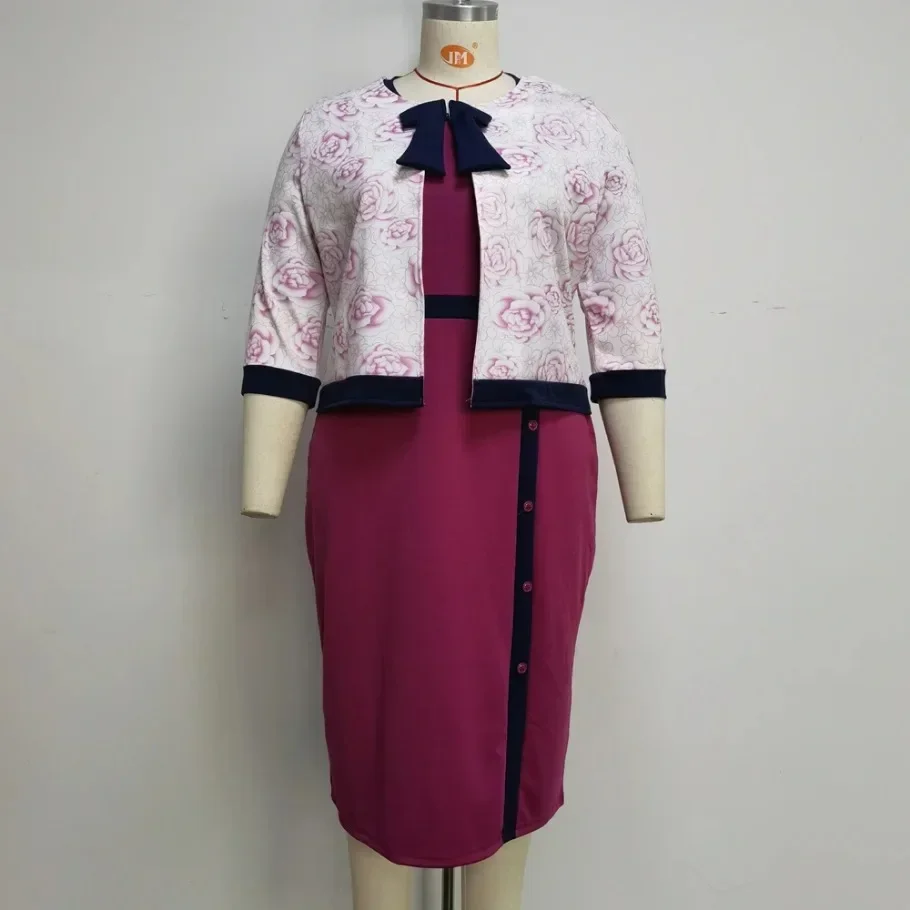 

4XL 5XL Africa Plus Size Women's Dress 2 Piece Sets Spring Autumn New Round Neck 3/4 Sleeve Pleated Dress Large Size