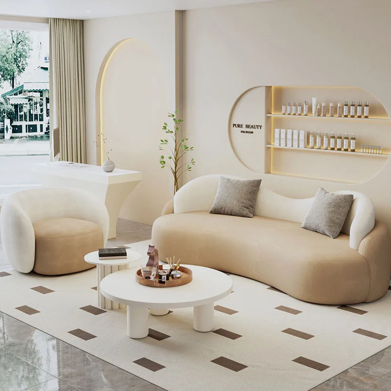 Nordic curved small apartment household fabric sofa, beauty salon lounge area reception double sofa