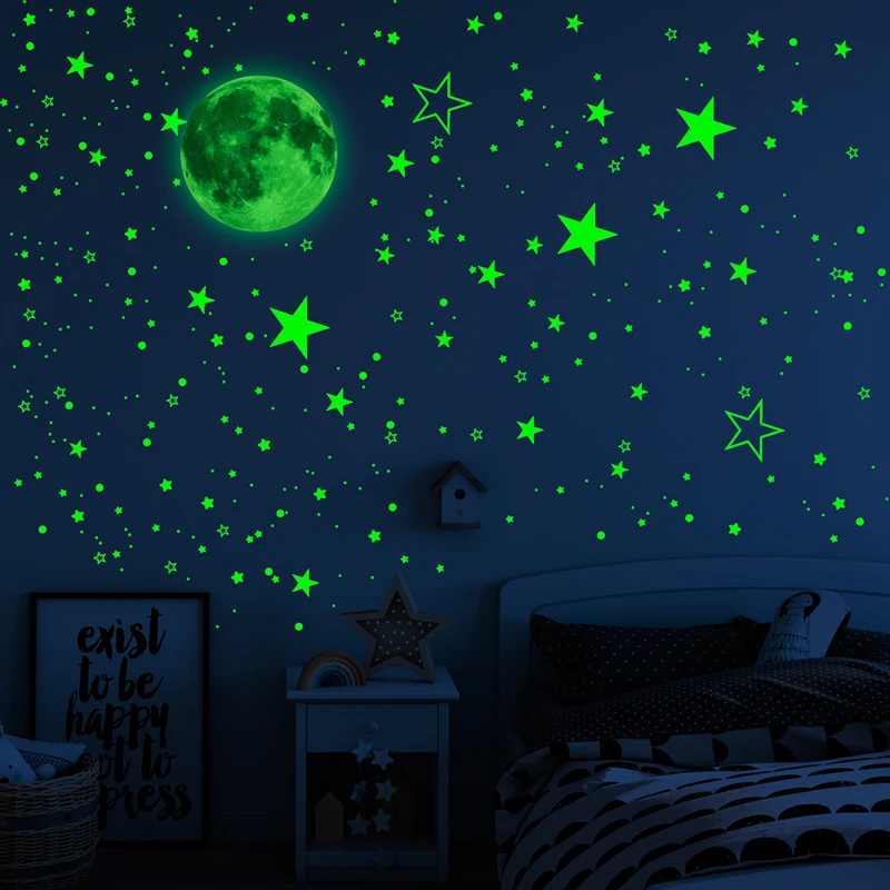 Pegatina luminosa de luna y estrella para pared, calcomanías artísticas fluorescentes que brillan en la oscuridad para el hogar, decoración de techo