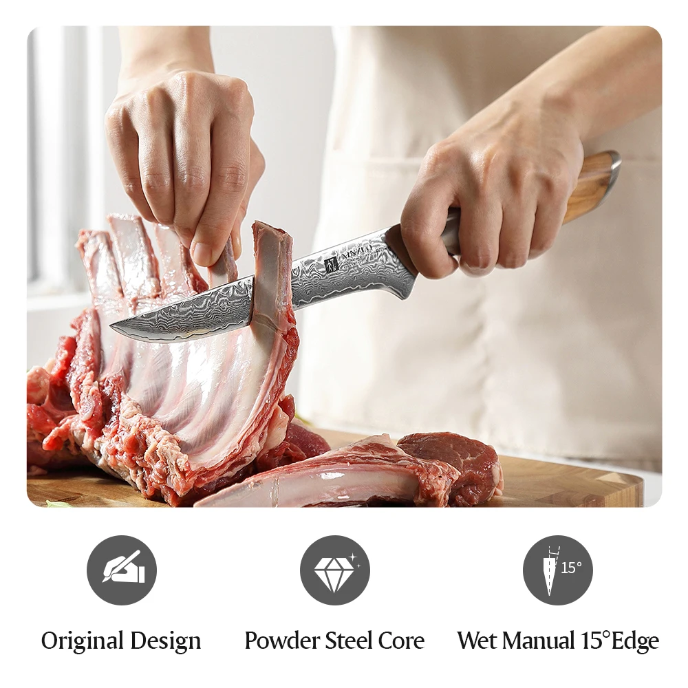 XINZUO 6 inch Boning Knife 73 Layers Custom Damascus Steel Curved Bone Stripping Knife Kitchen Knives High Quality Wood Handle