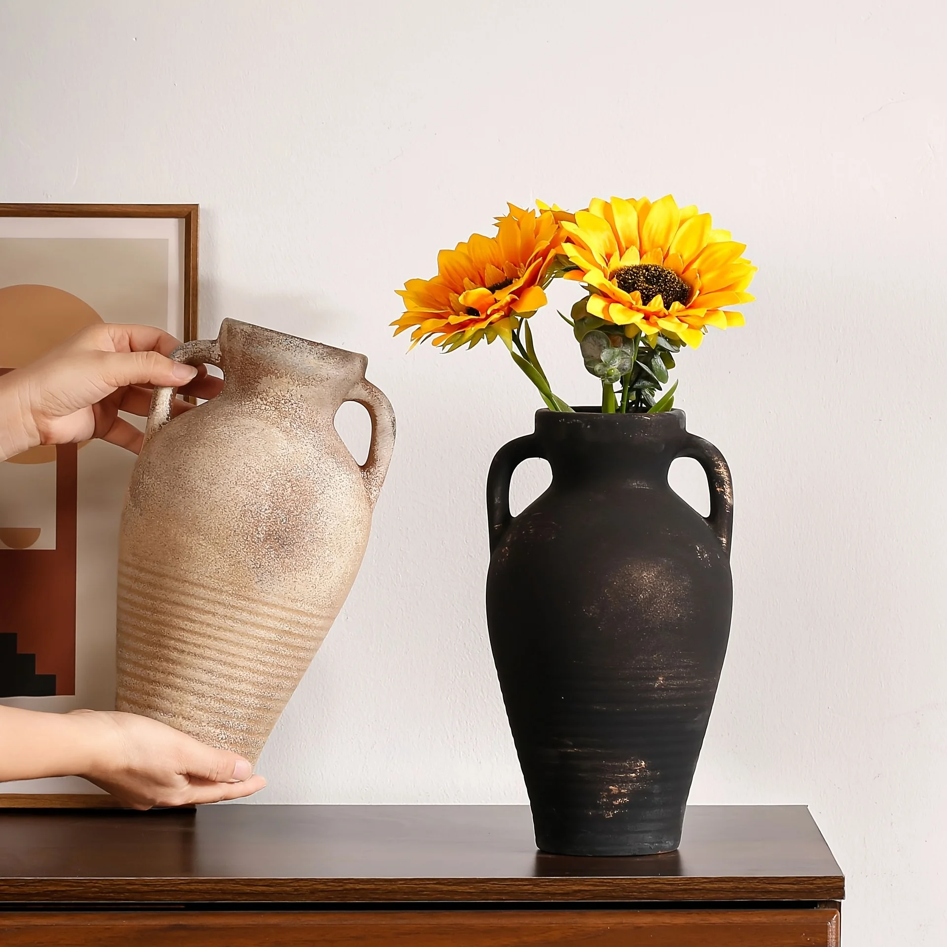 Vintage Style Ceramic Large Vase for Home Decor Featuring Dual-Handle Design Perfect for Dried Flowers Living Room Desktop Decor