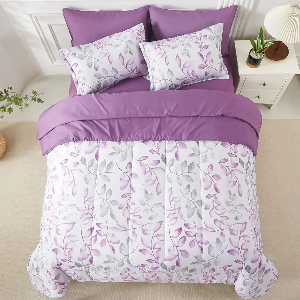 Purple 7 Piece Bed in A Bag, Soft Microfiber Bedding Complete Set for All Season, Queen