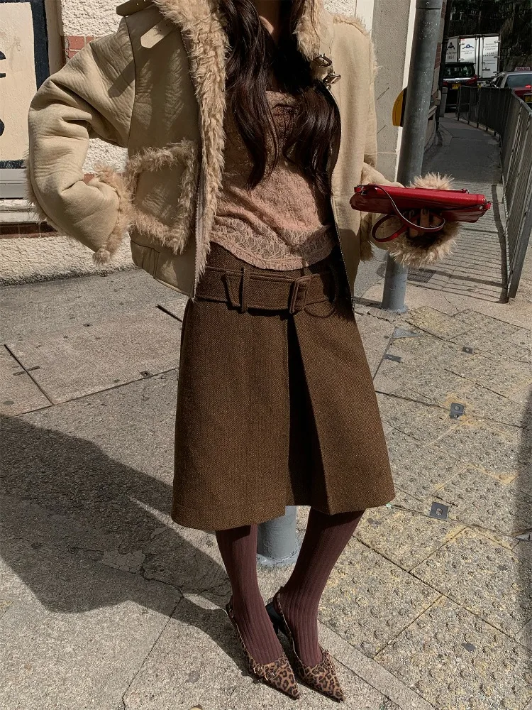 【MAR】Women's Retro Herringbone Woolen Skirt Spring/Autumn Slim A-Line Mini Wool Skirt