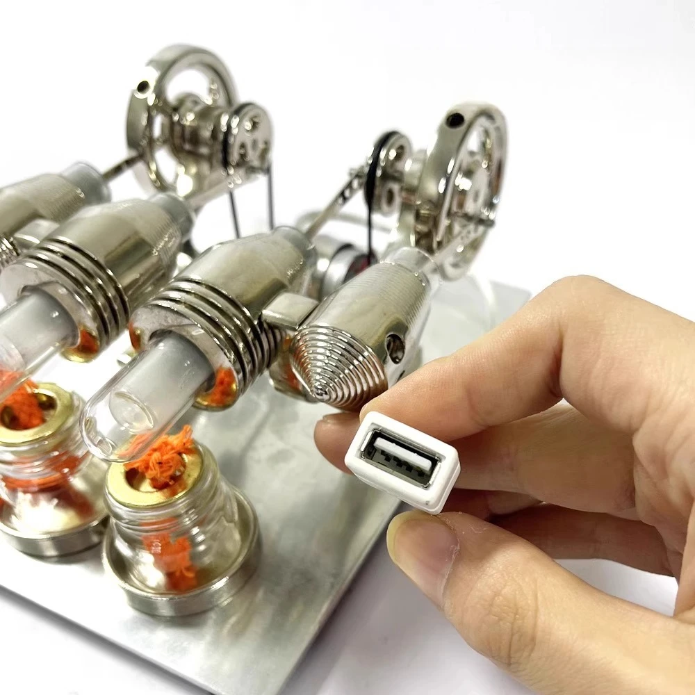 Nikola Classic Twin-Cylinder Stirling Engine 12V Power + LED Light Heating Launchable Model