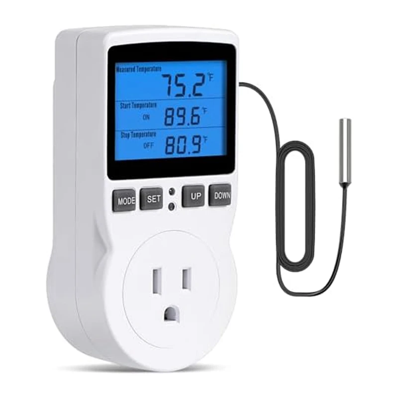 

1 PCS Plug-In Thermostat Temperature Controller Socket Heating Cooling Control Timer 1800W 110V 15A Backlit Display ABS US Plug
