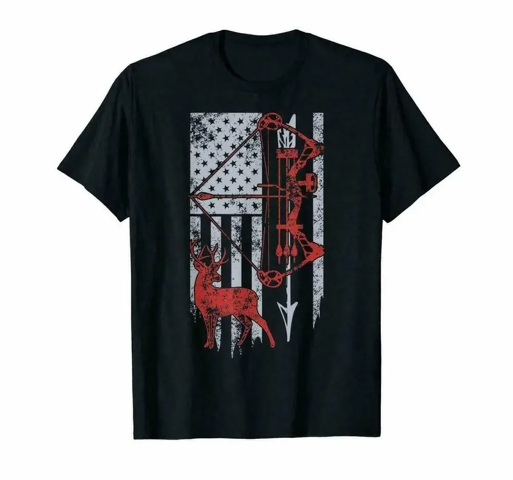 Retro US Flag Composite Bow Hunting Deer Archery Hunter Gift T-Shirt 100% Cotton O-Neck Summer Short Sleeve Casual Mens T-shirt