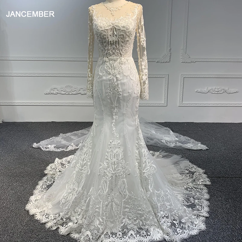 Customzied 2025 Mermaid Wedding Dresses Long Sleeve Church Sweeping Train Pearl O Neck Women's Bridal Gowns for Formal Occas