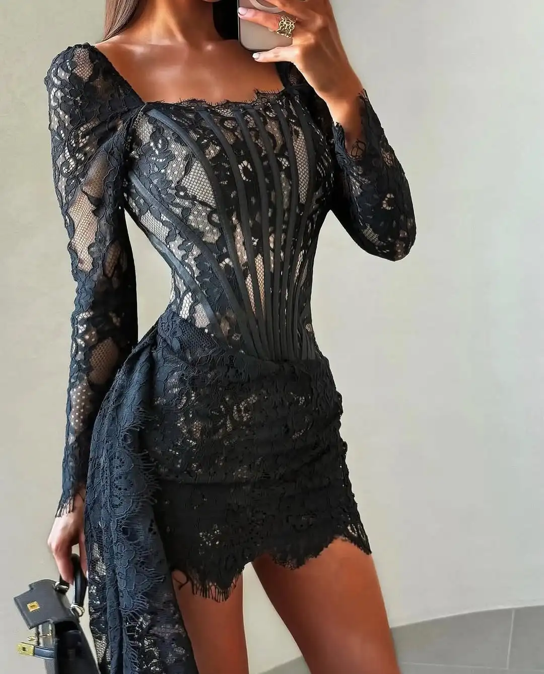 وصول جديد فريد ساحة الرقبة هيكل السمكة التطريز مساء اللباس كامل الأكمام الدانتيل مثير البسيطة فستان حفلة موسيقية كوكتيل #2