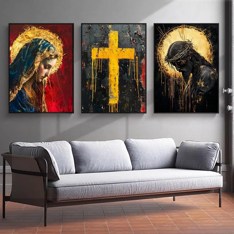 Christian Faith Wall Art Angel Knight in Prayer Canvas Painting Crown of Thorns Poster Glory of Jesus Christ Home Wall Decor