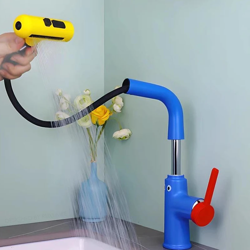 

Brass Kitchen Faucet 360 Degrees Rotatable Bathroom Basin Faucet Single Handle Cold and Hot Water Mixer Tap Colorful Deck Mount