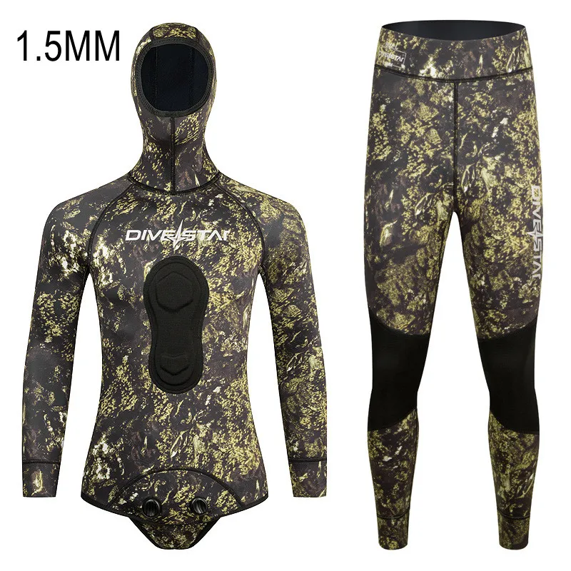 

1.5MM Neoprene Men Camo Keep Warm Spearfishing Kayaking Swim Diving Suit Hooded Scuba 2Pcs UnderWater Hunting Snorkeling WetSuit