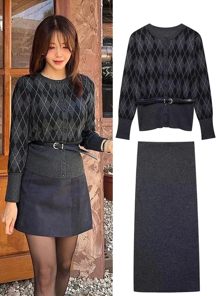 

Diamond Grid Knitted Long Skirts Sets For Women O-neck Sweater With Belt Hip Package Midi Skirt 2 Pieces Sets Office Lady Suits