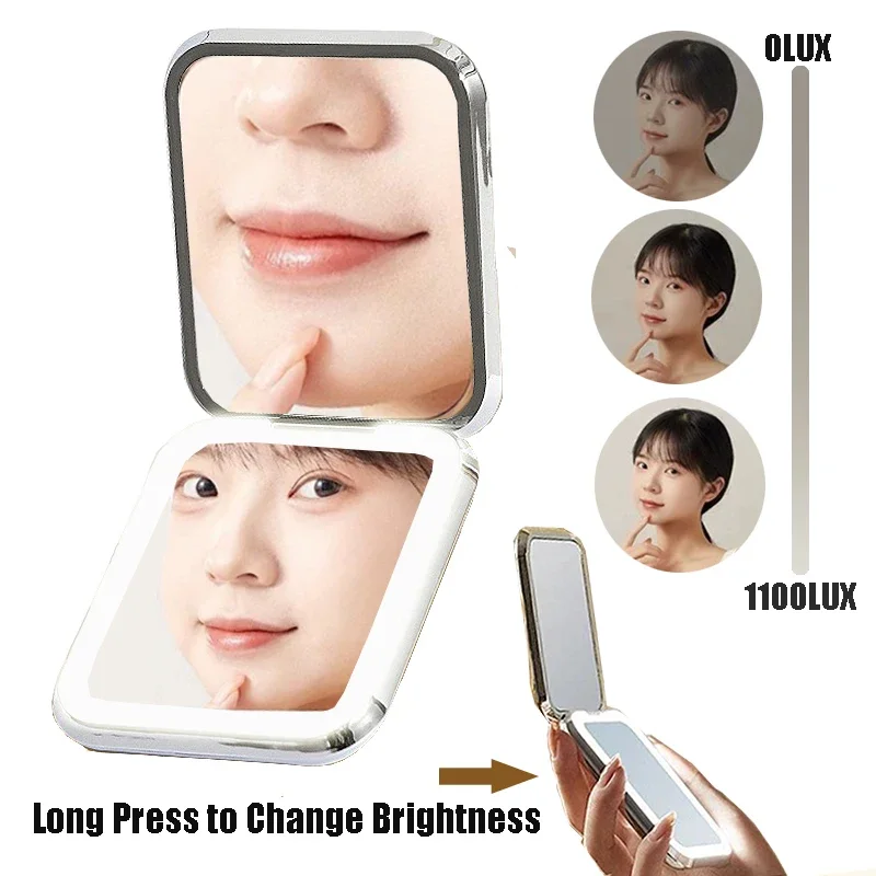 Espelho de maquiagem led dobrável 5x ampliação equipado espelho pequeno bolso portátil viagem espelhos cosméticos com cabo tipo-c