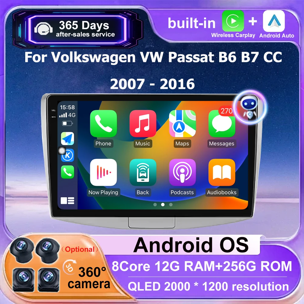

Автомобильный радиоприемник, мультимедийный видеоплеер, GPS-навигация для Volkswagen VW Passat B6 B7 CC 2007-2016, Android 16 Auto Carplay, экран QLED