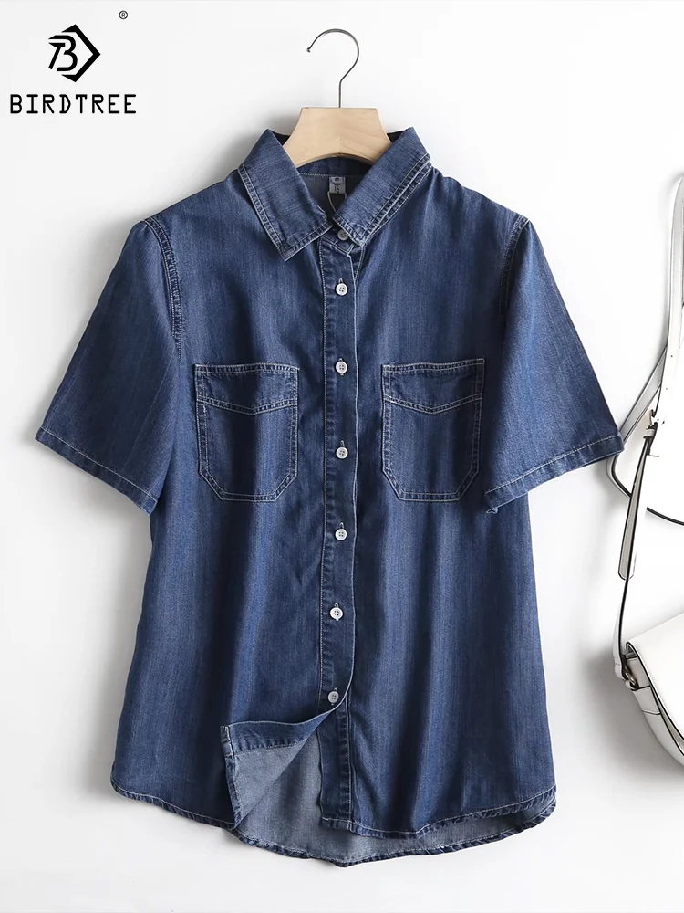 Short Sleeve Denim Shirt Women's Spring Summer Soft Jeans Outer Wear Pocket Blouses Drape Thin Coat TopsT32602Z