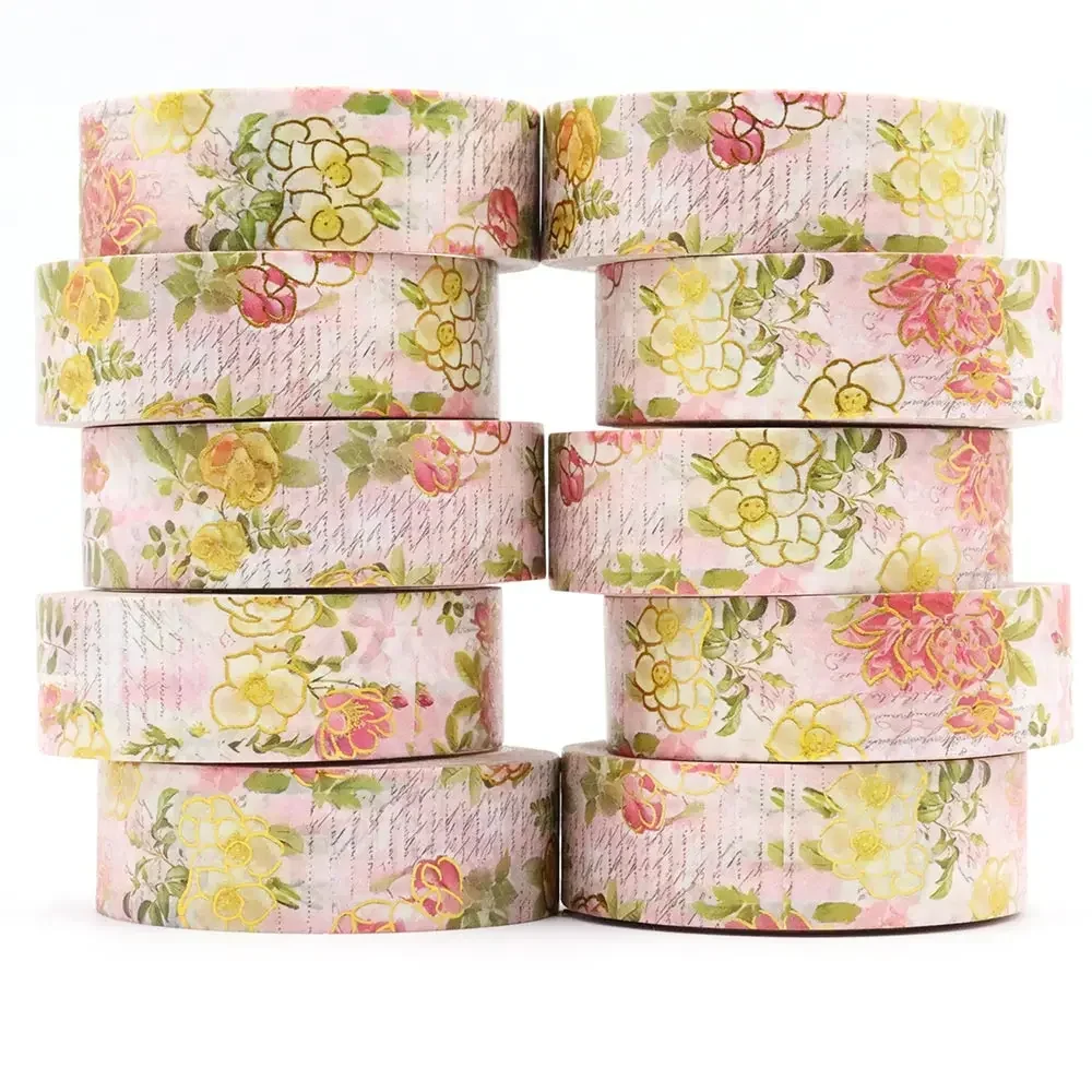 10PCS 15mm x 10m Gold Foil Pink Romantic Floral Masking Adhesive Washi Tapes office supplies stationary tape stickers