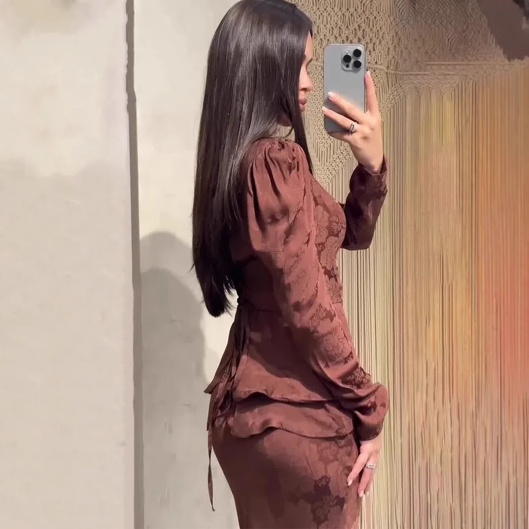 الخامس الرقبة زر الجبهة كشكش تنحنح كم طويل بلوزة عالية الخصر ضئيلة ميدي تنورة قطعتين مجموعة المرأة فستان ريترو الزي الرسمي #3