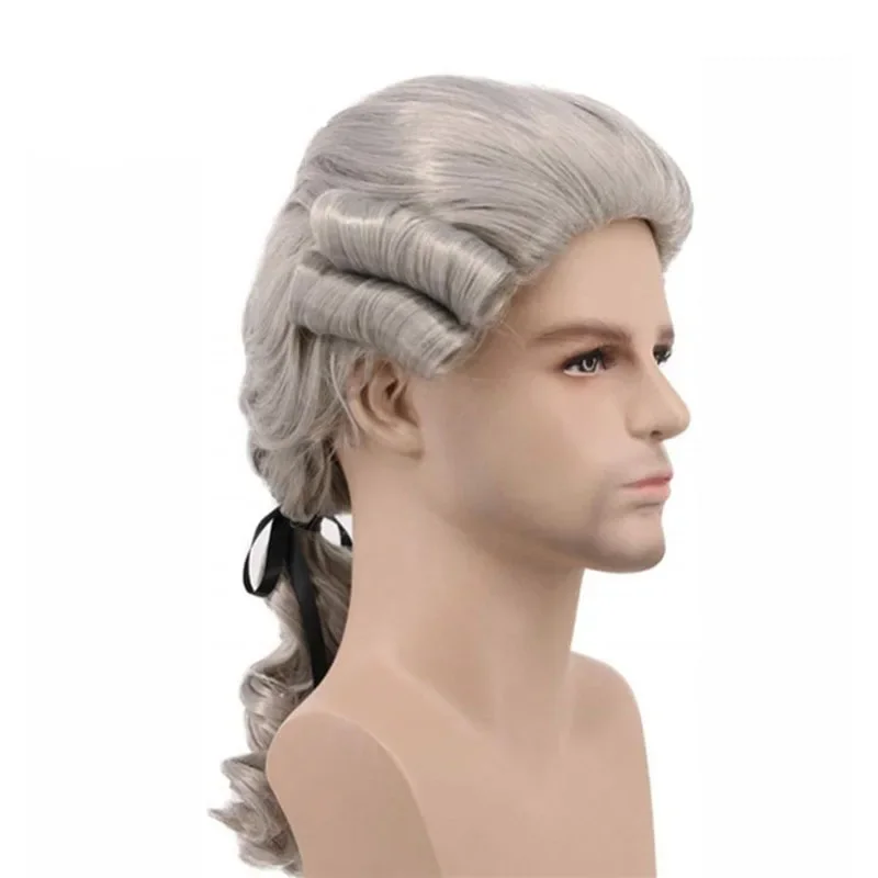 Grey White Black Lawyer Judge Baroque Curly Male Costume Wigs Deluxe Historical Halloween Long Synthetic Cosplay Wig   Wig Cap