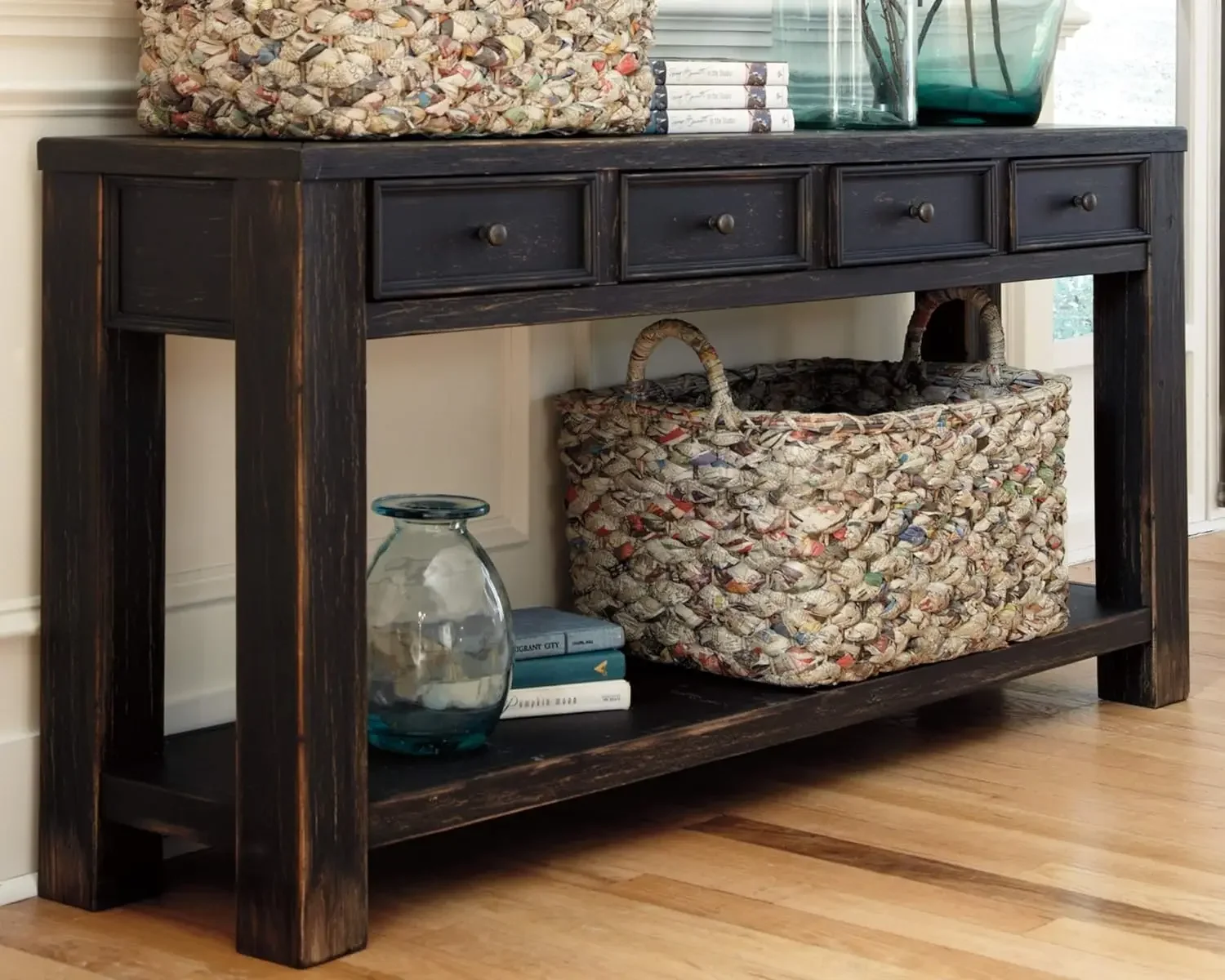 Rustic Sofa Table with 4 Drawers and Lower Shelf, Weathered Black