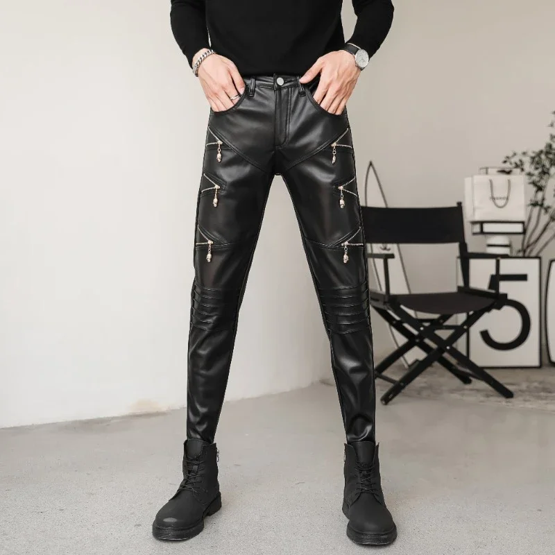 2025 New Arrived Skinny Biker Leather Pants Mens New Faux Leather Biker Trousers for Male Trouser Stage Club Wear