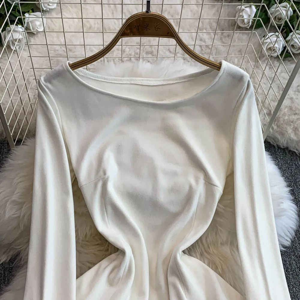 Vestido feminino linha a, cor sólida, primavera outono, elegante, temperamento, gola redonda, manga comprida, vestidos em camadas, roupa de escritório