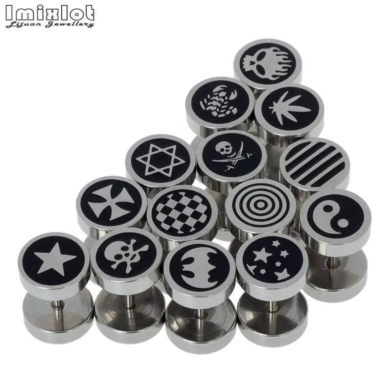 12Pcs Mix Fashion Stainless Steel Round Stud Earrings For Men Women Unisex Trendy Stripe Star Skull Earings Party Jewelry Gift