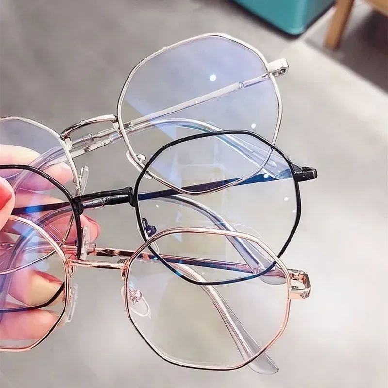 Anti Blue Light Octagon Myopia Glasses for Women, Ultra-Light Metal, Large Frame, Finished Eyeglasses, Fashion,-1.0 ~ -6.0