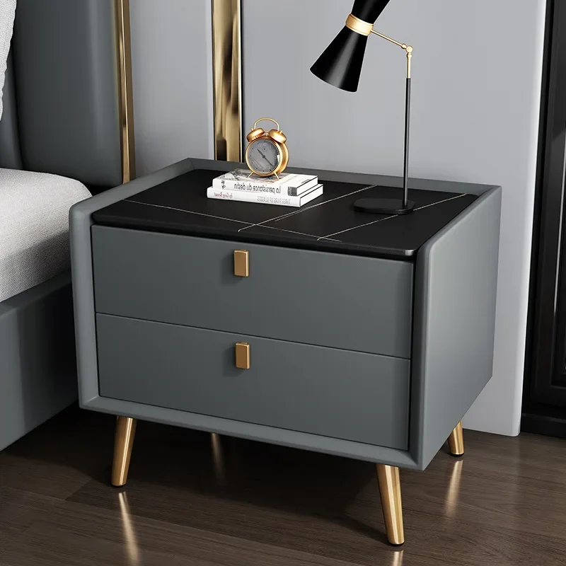 

Modern simple rock slab solid wood nightstand bedside cabinet corner table minimalist bedroom leather Nordic bedside nightstand