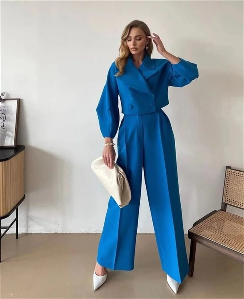 

Royal Blue Woolen Women Suit Set 2 Pcs Blazer+Pants Winter Wedding Prom Dress Double Breasted Tailored Jacket Wide Leg Trousers