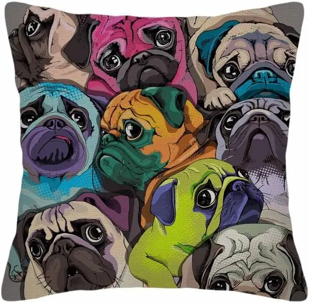 Throw Pillow Covers Pugs Animal Dog Cartoon Face Friend Pet Puppy Color Pillow Case 18x18 Inch Cushion Cover for Home Party