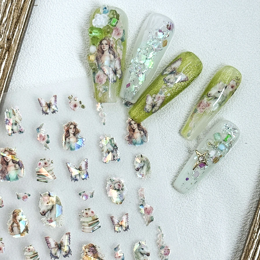 Calcomanías autoadhesivas para decoración de uñas, calcomanías bonitas de Japón, 3D, manicura, libro de caballo de fantasía, flor, mariposa brillante