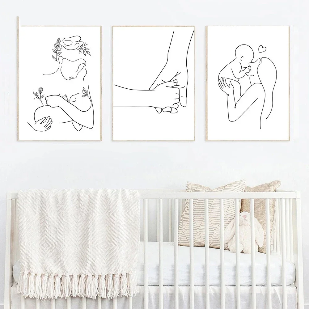 

Family Portrait Art AbstracPoster t Line Drawing Canvas Mom Baby Wall Art Print Hands Painting Wall Pictures Living Room Decor