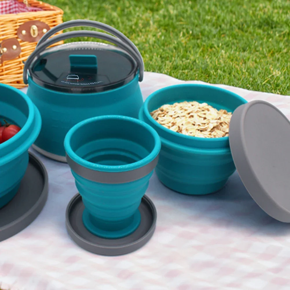 3pcs Silicone Folding Kettle Cup Set Portable Collapsible Boiling Water Pot Drinking Cups Bowl Tableware Set for Outdoor Camping