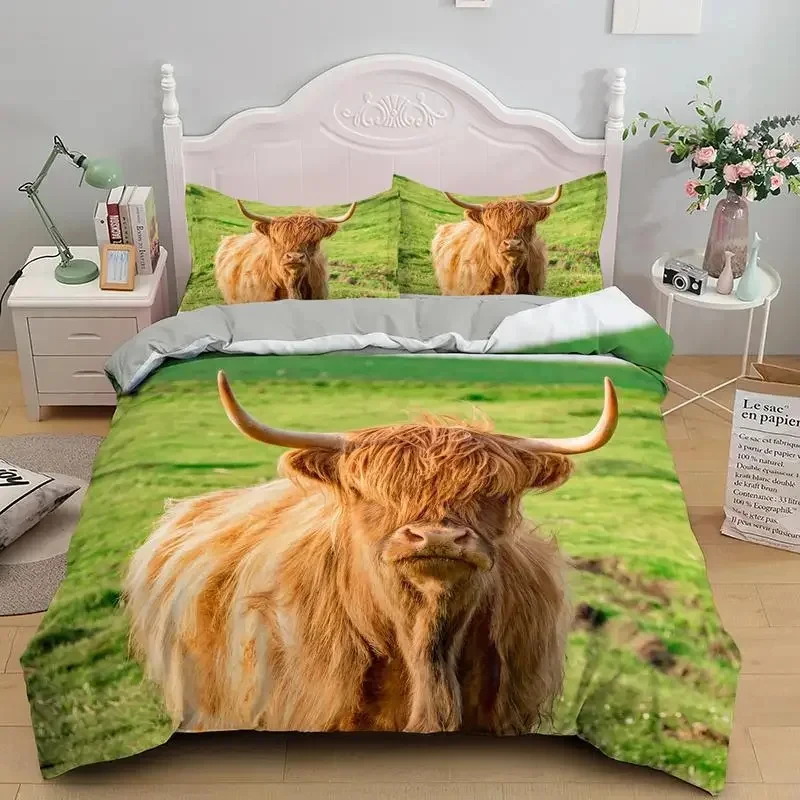 Highland Cow Duvet Cover, Bull Cattle Bedding Set Western Cowboy Comforter Cover Full Queen for Boys Teen Farmhouse Quilt Cover