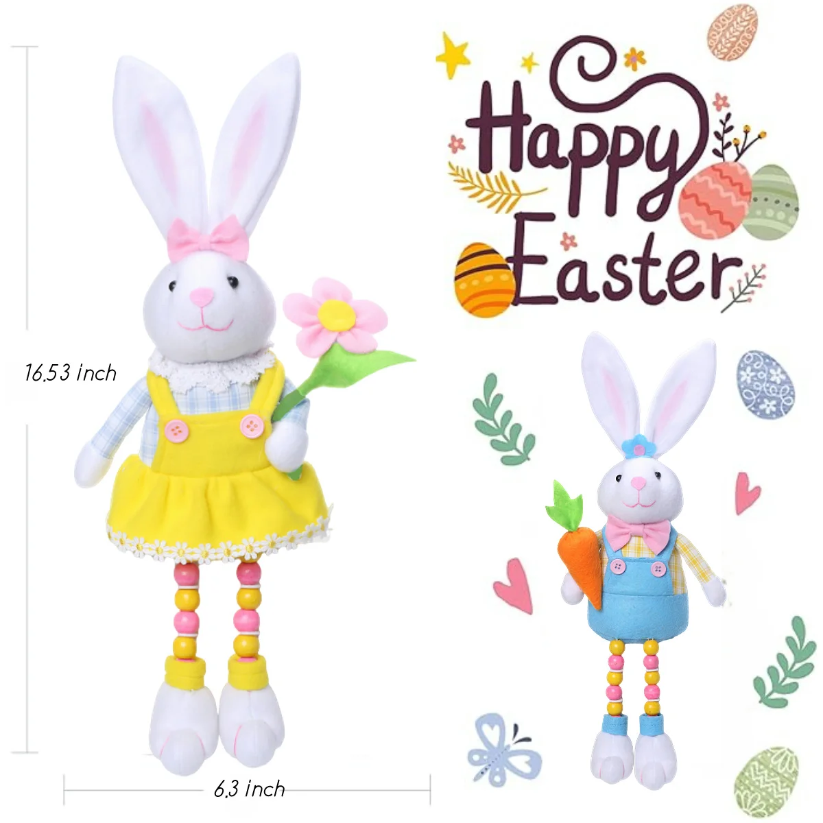 Set of 2 Easter Bunny Couple, Handmade Rabbit with Carrot/flower Figurine, Tabletop Statues, Cute Photo Props Gifts Home Decor