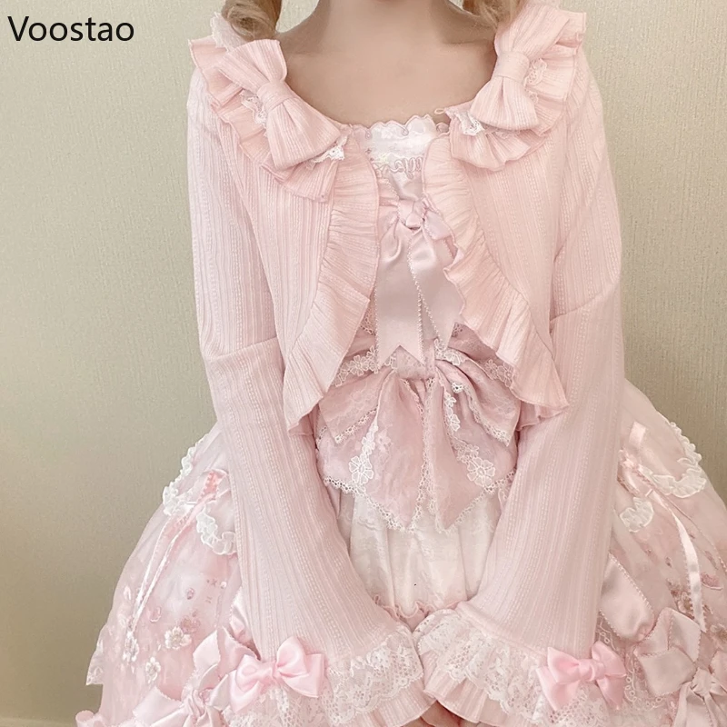 Japanse Kawaii Lolita Stijl Gebreid Vest Vrouwen Zoete Boog Ruches Kant Patchwork O-hals Trui Jas Casual Elegante Leuke Top