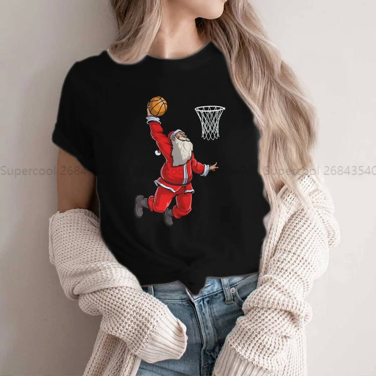 Basketball Sports Polyester TShirt for Women Santa Slam Dunk  Christmas Xmas Ball Sport Humor Casual Tee T Shirt 、